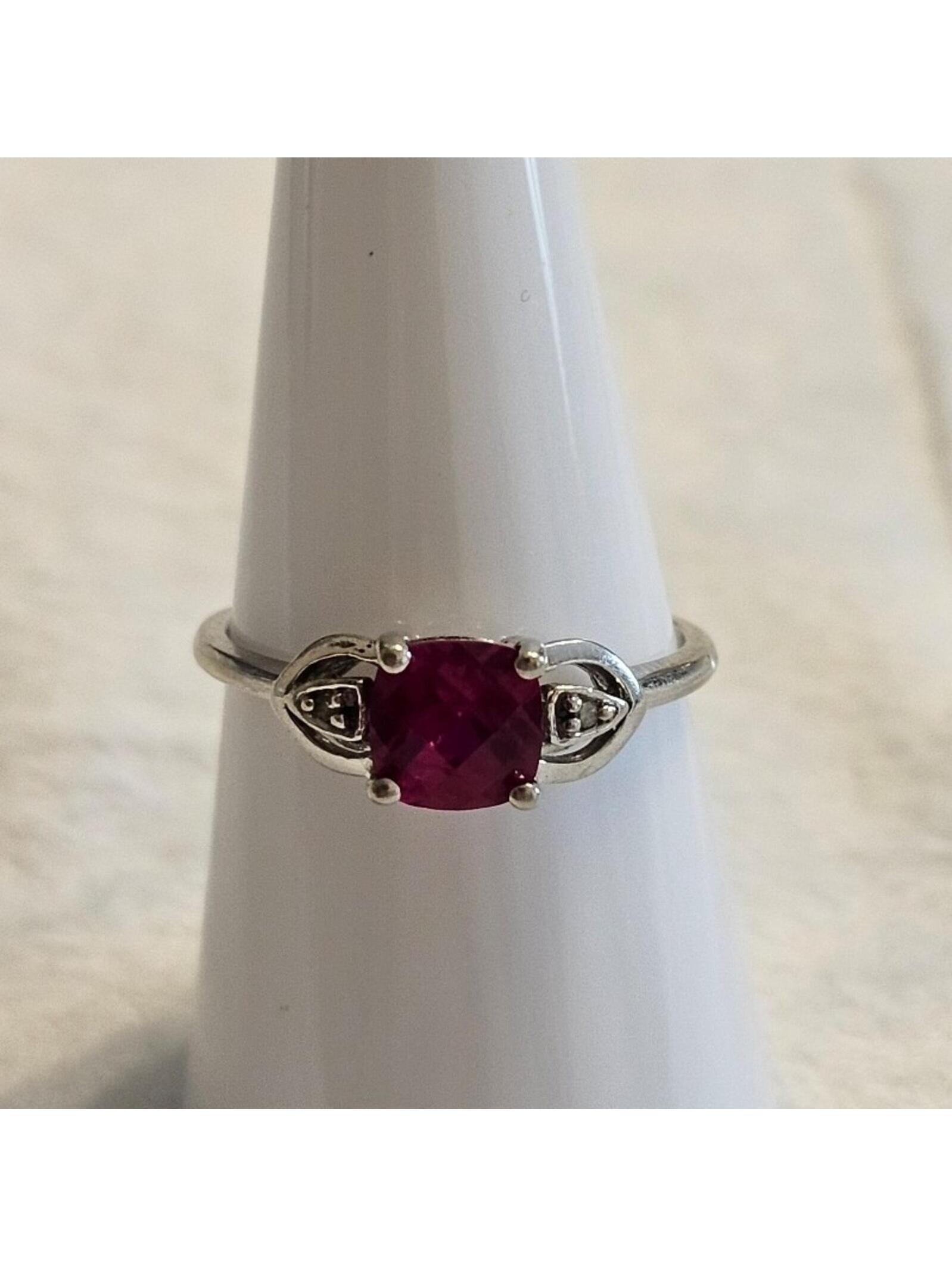 10k White Gold Ruby Colored Checkerboard Cut Stone With Diamond Accents